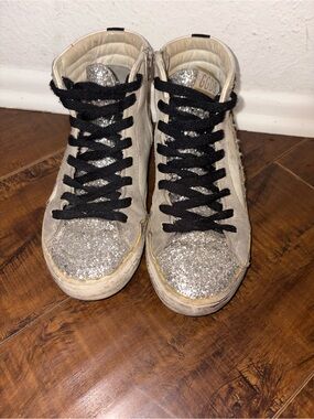 Golden Goose Women's Silver Glitter Toe High-Top Sneakers with Black Laces